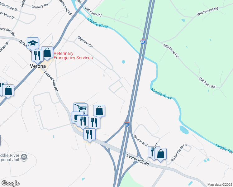 map of restaurants, bars, coffee shops, grocery stores, and more near 28 Dogwood Lane in Verona