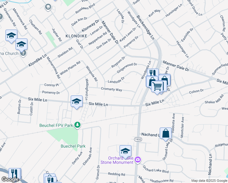 map of restaurants, bars, coffee shops, grocery stores, and more near 3008 Cromarty Way in Louisville