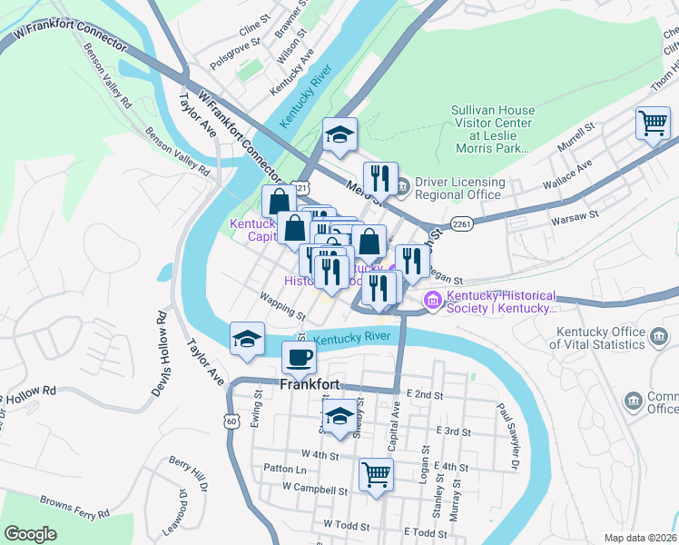 map of restaurants, bars, coffee shops, grocery stores, and more near 313 Saint Clair Street in Frankfort
