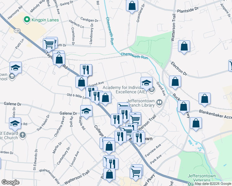 map of restaurants, bars, coffee shops, grocery stores, and more near 3015 Valley Drive in Louisville