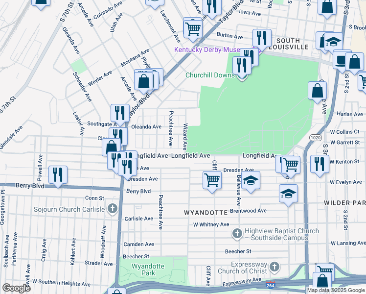 map of restaurants, bars, coffee shops, grocery stores, and more near 3436 Wizard Avenue in Louisville