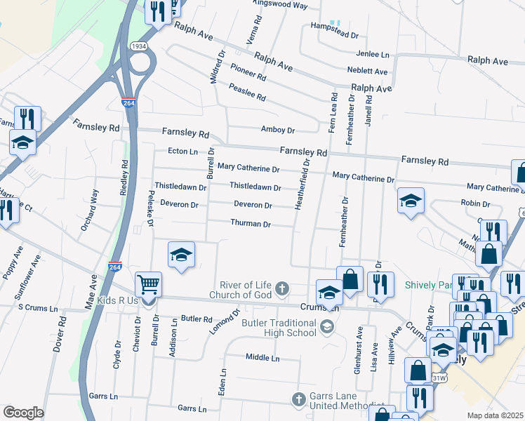 map of restaurants, bars, coffee shops, grocery stores, and more near 2212 Deveron Drive in Louisville