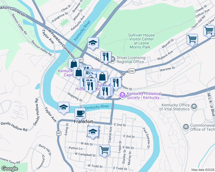 map of restaurants, bars, coffee shops, grocery stores, and more near 100 Ann Street in Frankfort