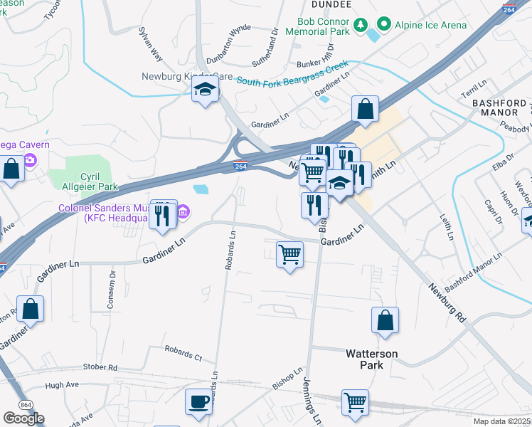 map of restaurants, bars, coffee shops, grocery stores, and more near 1507 Gardiner Lane in Louisville