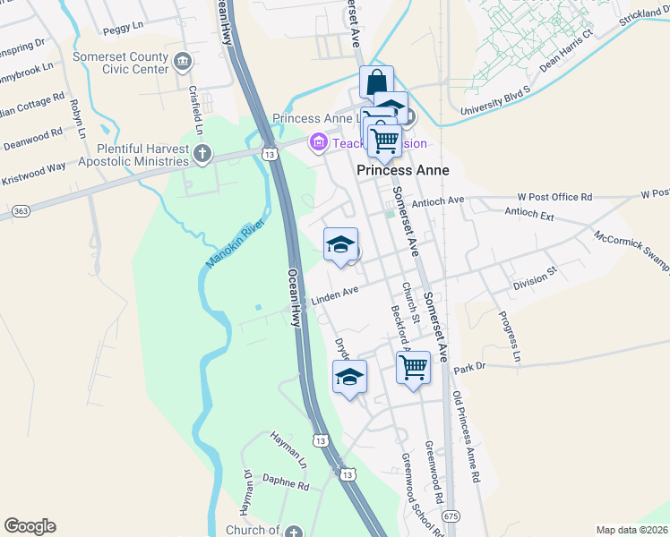 map of restaurants, bars, coffee shops, grocery stores, and more near 11576 Lankford Avenue in Princess Anne