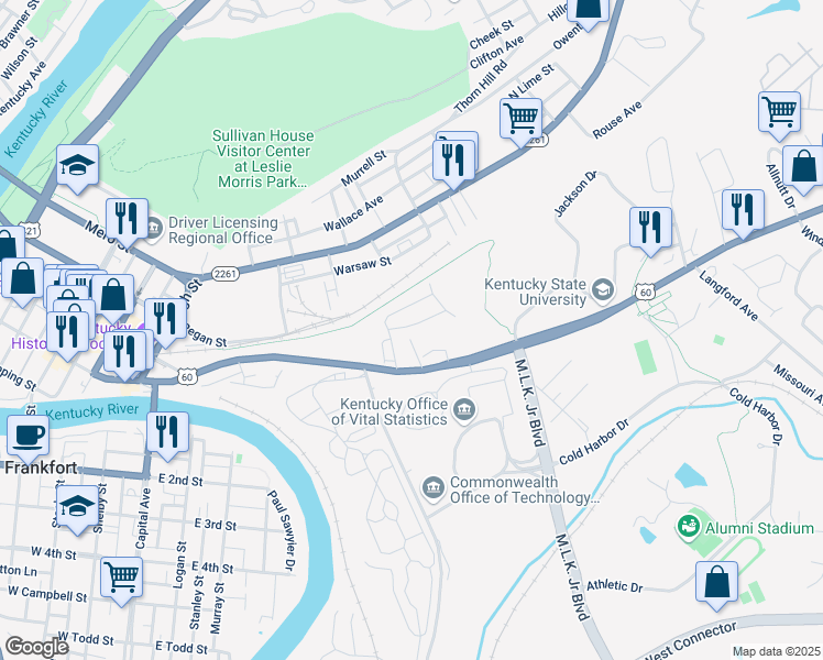 map of restaurants, bars, coffee shops, grocery stores, and more near 7 Ashmore Drive in Frankfort