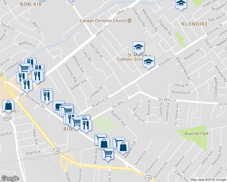 map of restaurants, bars, coffee shops, grocery stores, and more near 2319 Bradford Drive in Louisville