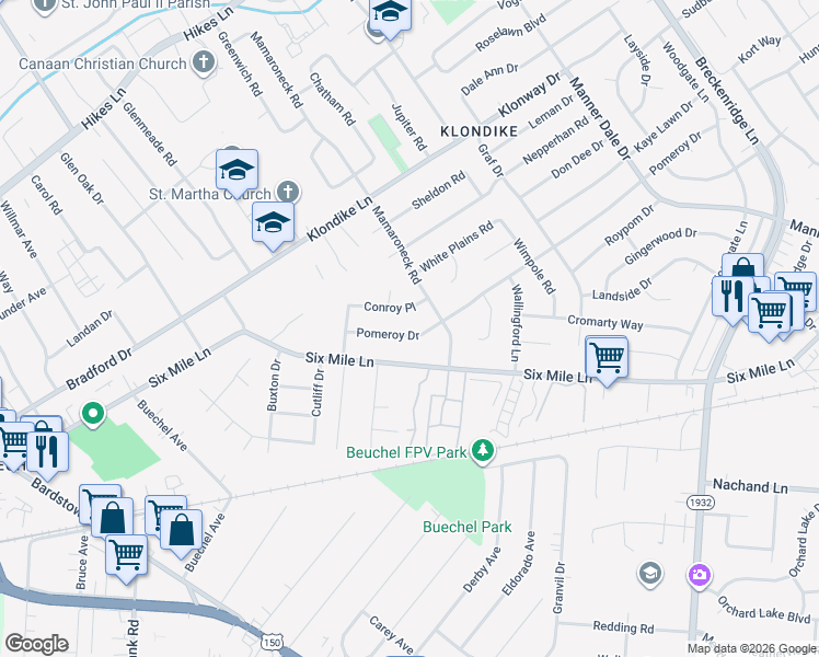 map of restaurants, bars, coffee shops, grocery stores, and more near 2826 Pomeroy Drive in Louisville