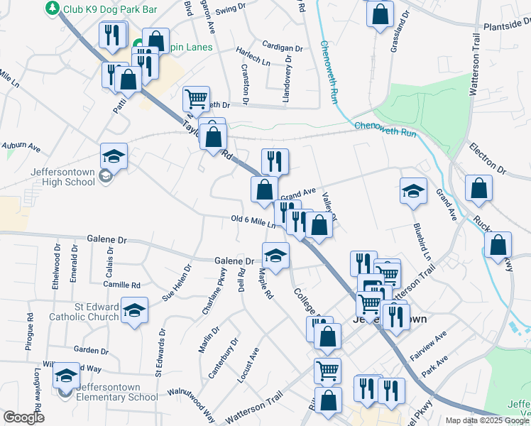 map of restaurants, bars, coffee shops, grocery stores, and more near 10000 Taylorsville Road in Louisville