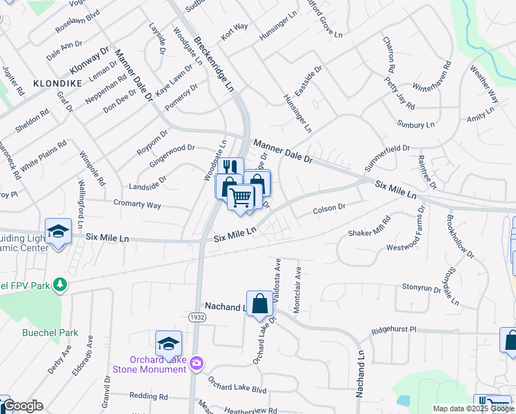 map of restaurants, bars, coffee shops, grocery stores, and more near 3417a Breckenridge Lane in Louisville