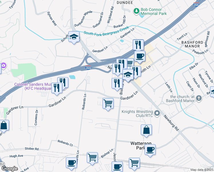 map of restaurants, bars, coffee shops, grocery stores, and more near 3903 Atkinson Square Drive in Louisville