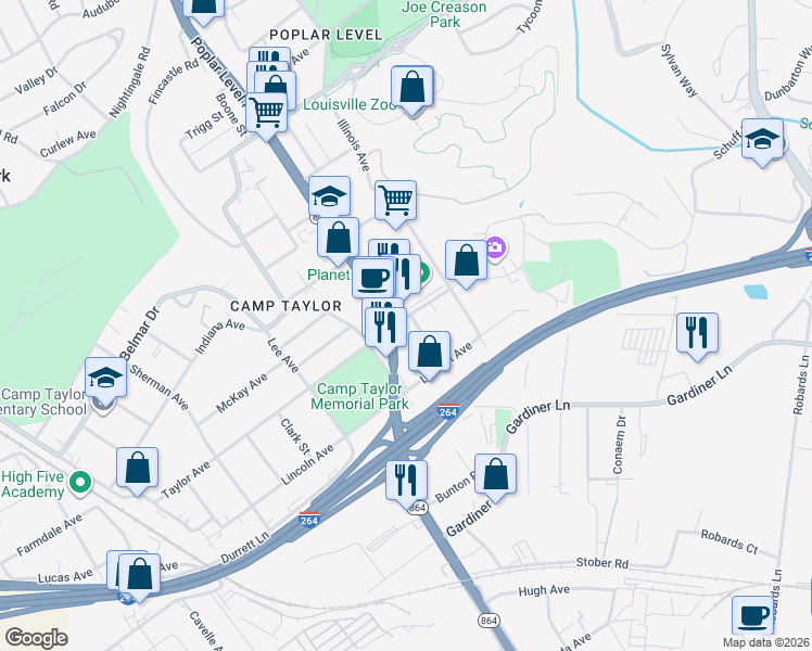 map of restaurants, bars, coffee shops, grocery stores, and more near 4201 Poplar Level Road in Louisville