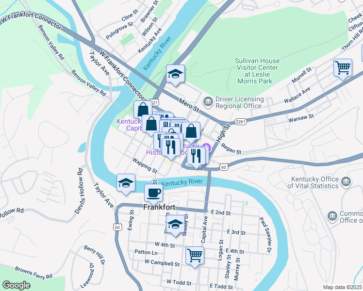 map of restaurants, bars, coffee shops, grocery stores, and more near 330 Ann Street in Frankfort