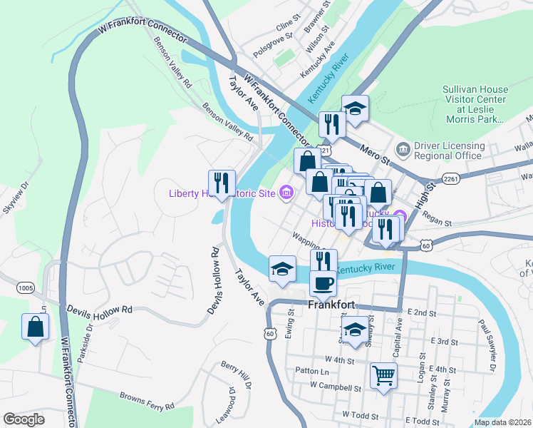 map of restaurants, bars, coffee shops, grocery stores, and more near 202 Wilkinson Street in Frankfort
