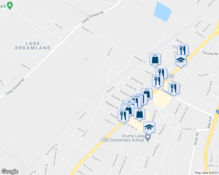 map of restaurants, bars, coffee shops, grocery stores, and more near 3810 Oboe Drive in Louisville