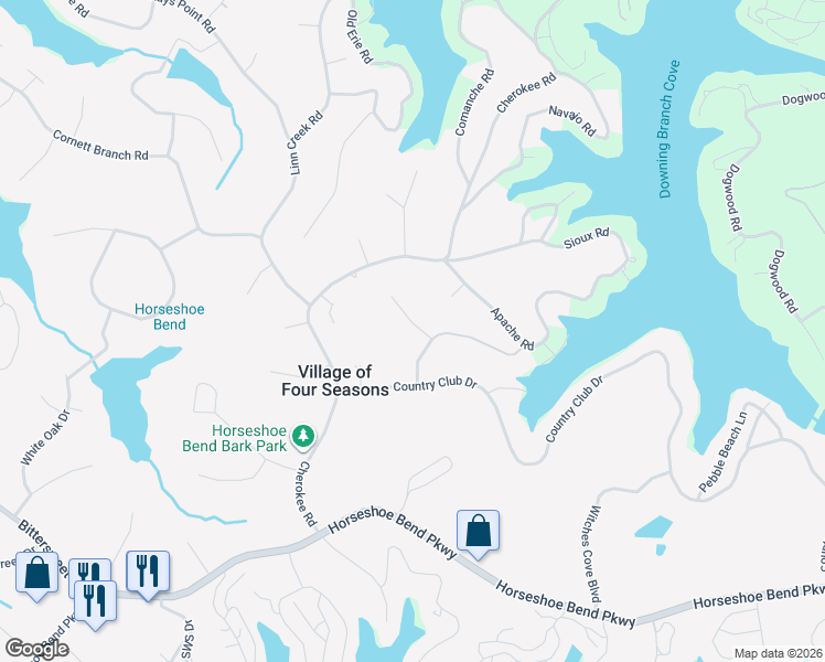 map of restaurants, bars, coffee shops, grocery stores, and more near Cheyenne Drive in Village of Four Seasons