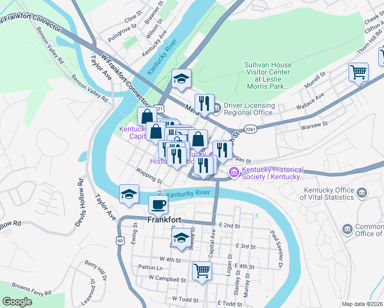 map of restaurants, bars, coffee shops, grocery stores, and more near 210 West Broadway Street in Frankfort