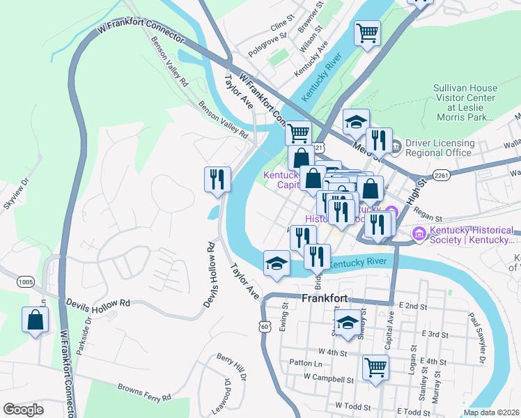 map of restaurants, bars, coffee shops, grocery stores, and more near 202 Wilkinson Street in Frankfort