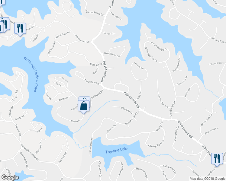 map of restaurants, bars, coffee shops, grocery stores, and more near 1070 Bittersweet Road in Village of Four Seasons