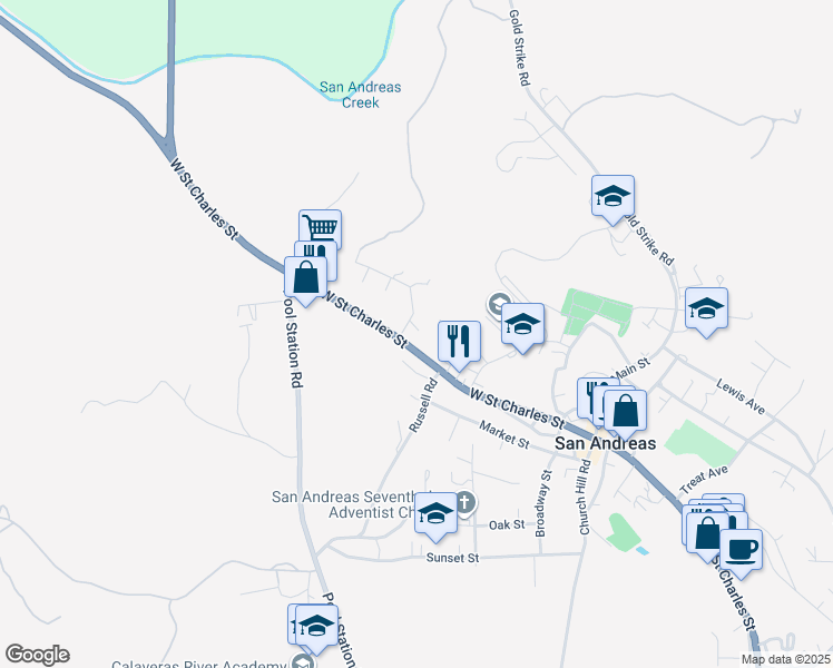 map of restaurants, bars, coffee shops, grocery stores, and more near 369 West Saint Charles Street in San Andreas