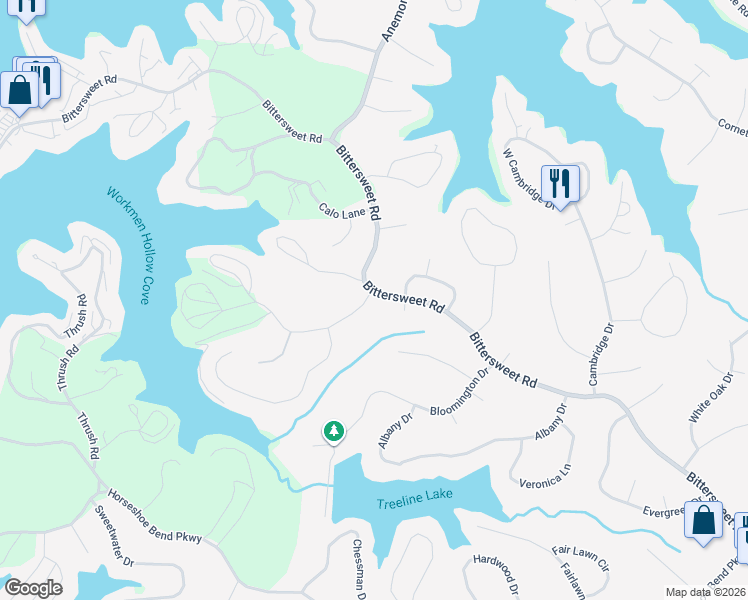 map of restaurants, bars, coffee shops, grocery stores, and more near 1070 Bittersweet Road in Village of Four Seasons
