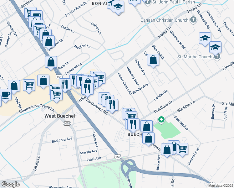 map of restaurants, bars, coffee shops, grocery stores, and more near 3718 Youngwood Road in Louisville