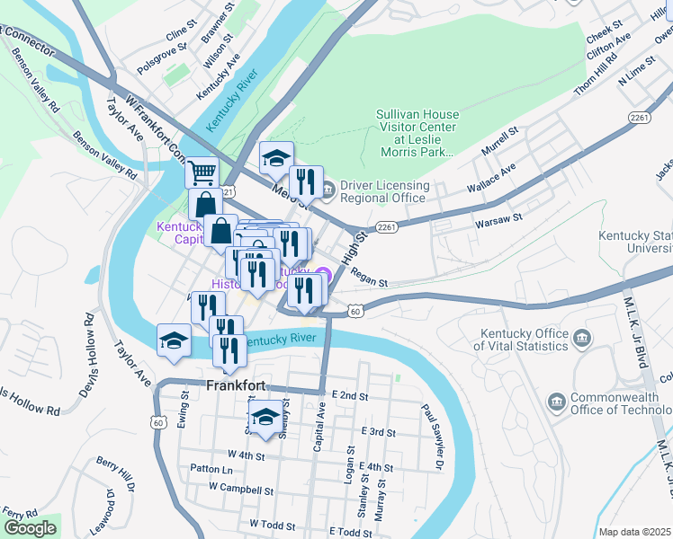 map of restaurants, bars, coffee shops, grocery stores, and more near 420 High Street in Frankfort