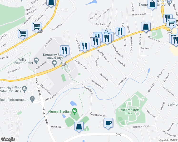 map of restaurants, bars, coffee shops, grocery stores, and more near 160 Langford Avenue in Frankfort