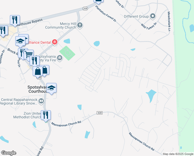 map of restaurants, bars, coffee shops, grocery stores, and more near 8639 Rosecrans Lane in Spotsylvania Courthouse