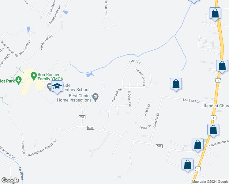 map of restaurants, bars, coffee shops, grocery stores, and more near 5413 South Branch Road in Fredericksburg