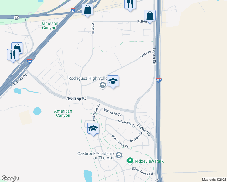 map of restaurants, bars, coffee shops, grocery stores, and more near 5000 Red Top Road in Fairfield
