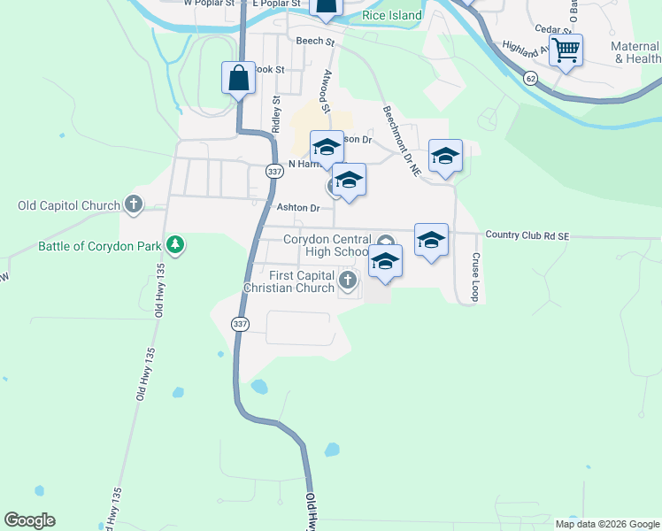 map of restaurants, bars, coffee shops, grocery stores, and more near 253 Oliver Street in Corydon