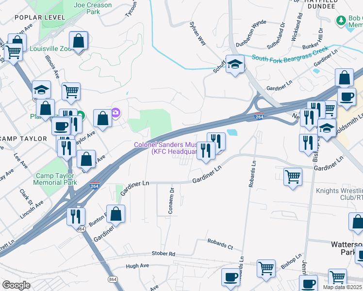 map of restaurants, bars, coffee shops, grocery stores, and more near 1878 Allgeier Court in Louisville