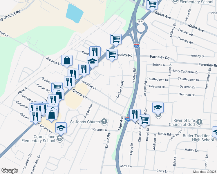 map of restaurants, bars, coffee shops, grocery stores, and more near 3111 Hartlage Court in Louisville