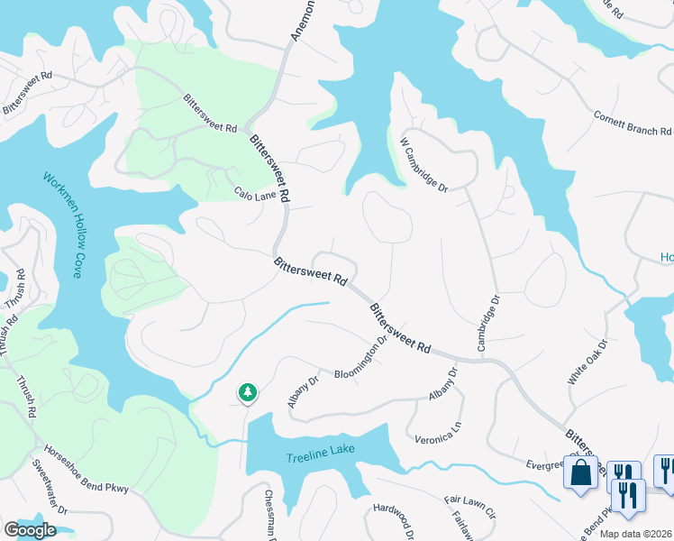 map of restaurants, bars, coffee shops, grocery stores, and more near 892-1062 Bittersweet Road in Village of Four Seasons