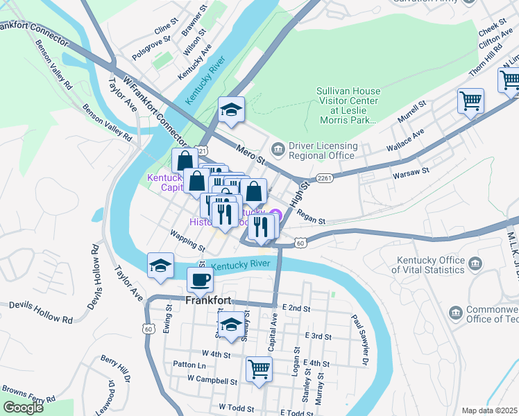 map of restaurants, bars, coffee shops, grocery stores, and more near 330 Ann Street in Frankfort