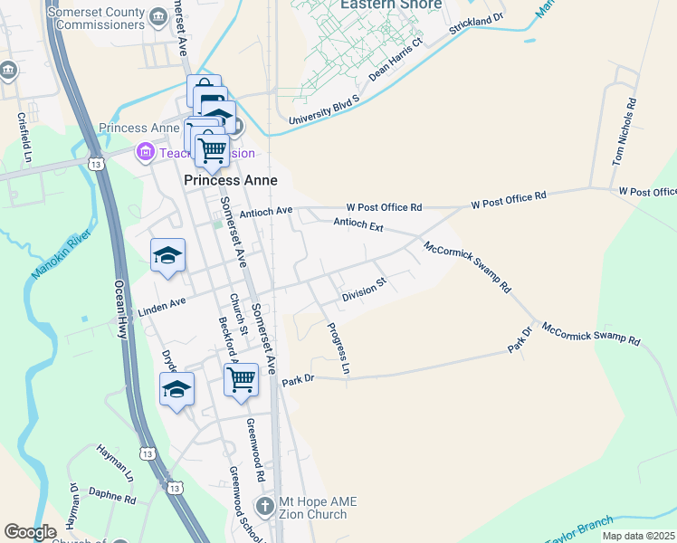 map of restaurants, bars, coffee shops, grocery stores, and more near 30698 Hampden Avenue in Princess Anne