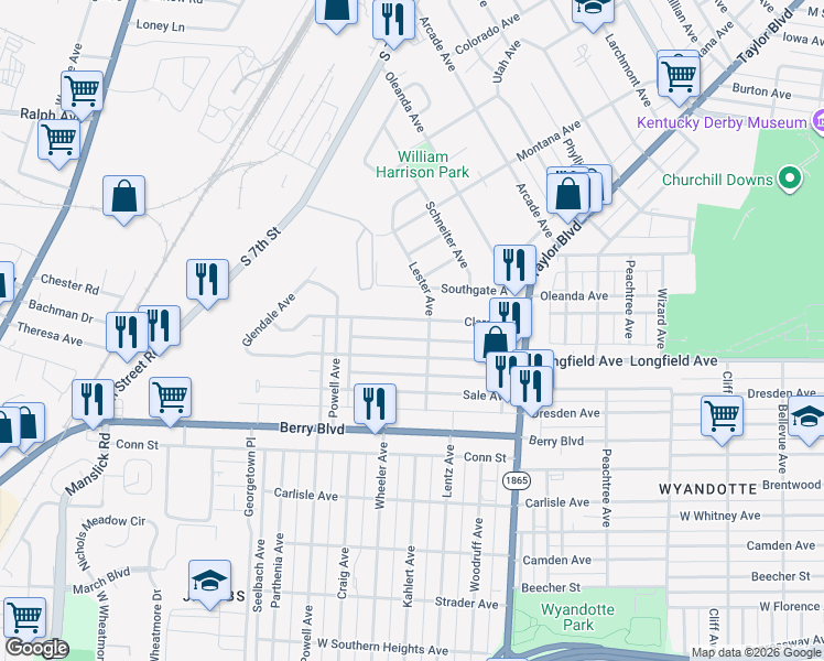 map of restaurants, bars, coffee shops, grocery stores, and more near 1445 Longfield Avenue in Louisville
