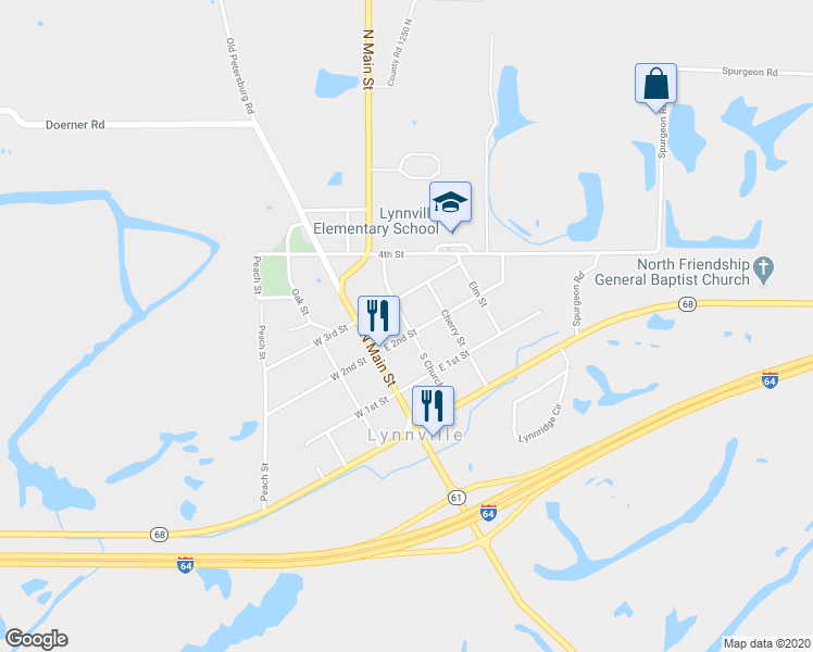 map of restaurants, bars, coffee shops, grocery stores, and more near 314 South Church Street in Lynnville