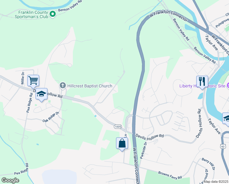 map of restaurants, bars, coffee shops, grocery stores, and more near 119 Skyview Drive in Frankfort