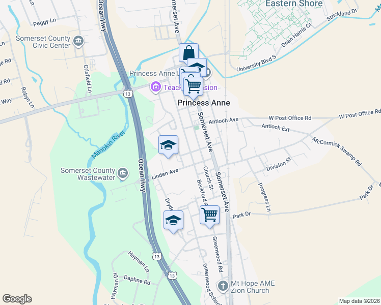 map of restaurants, bars, coffee shops, grocery stores, and more near Beckford Avenue in Princess Anne