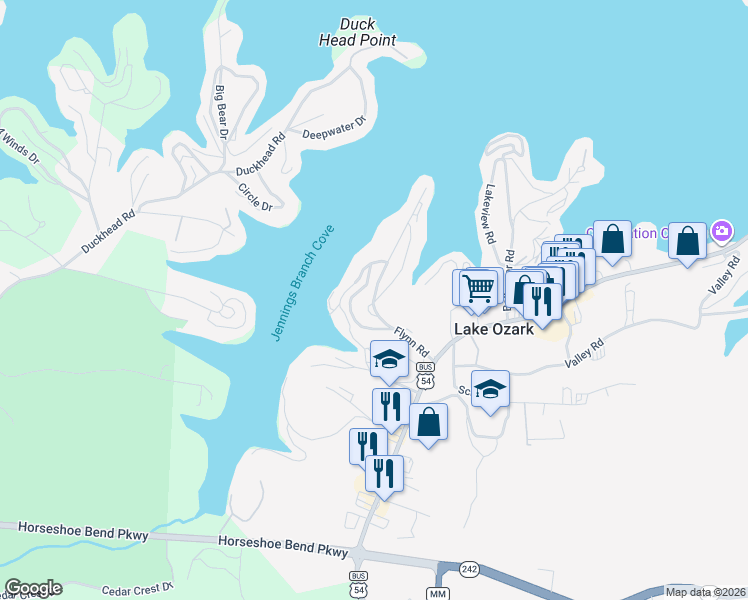 map of restaurants, bars, coffee shops, grocery stores, and more near 188 Flynn Road in Lake Ozark