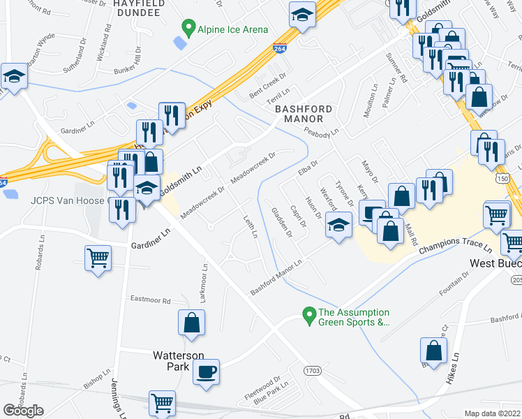 map of restaurants, bars, coffee shops, grocery stores, and more near 3509 Leith Lane in Louisville