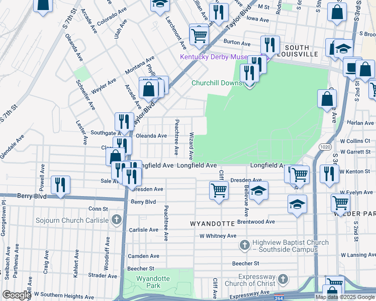 map of restaurants, bars, coffee shops, grocery stores, and more near 3436 Wizard Avenue in Louisville