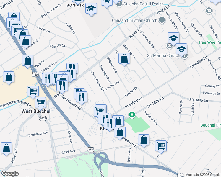 map of restaurants, bars, coffee shops, grocery stores, and more near 3811 Chevy Chase Road in Louisville