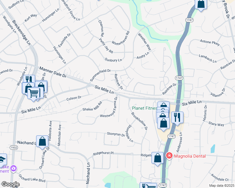 map of restaurants, bars, coffee shops, grocery stores, and more near 7800 6 Mile Lane in Louisville
