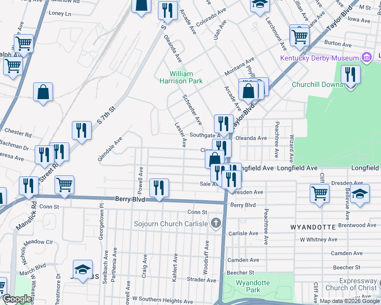map of restaurants, bars, coffee shops, grocery stores, and more near 1445 Longfield Avenue in Louisville