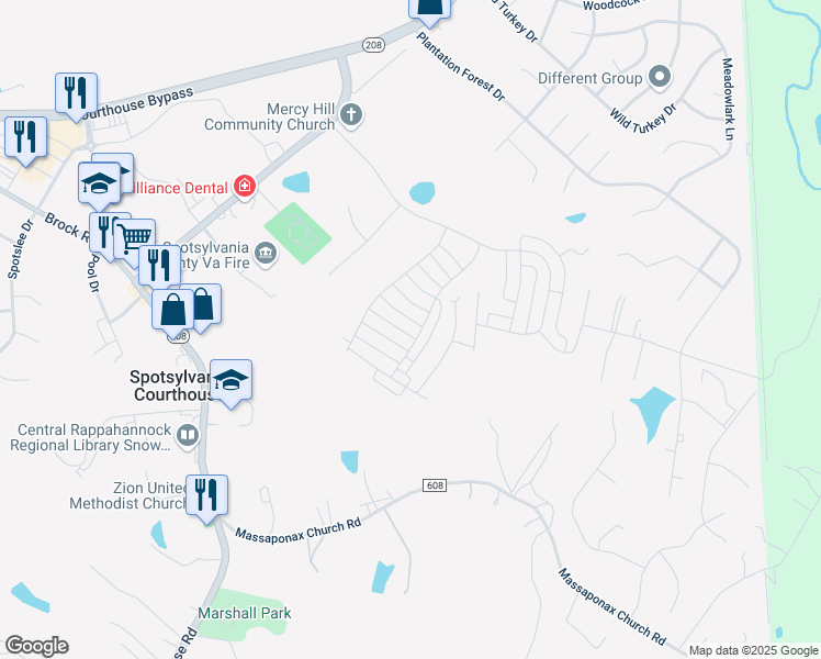 map of restaurants, bars, coffee shops, grocery stores, and more near 6702 Ninth Corps Lane in Spotsylvania Courthouse