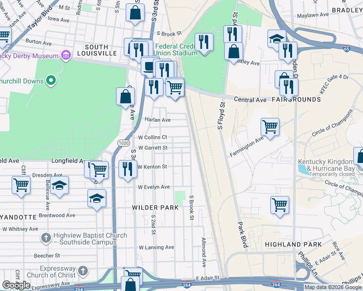 map of restaurants, bars, coffee shops, grocery stores, and more near 111 East Garrett Street in Louisville