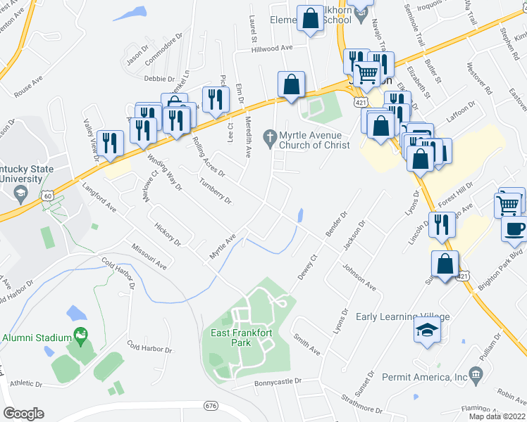 map of restaurants, bars, coffee shops, grocery stores, and more near 205 Myrtle Avenue in Frankfort